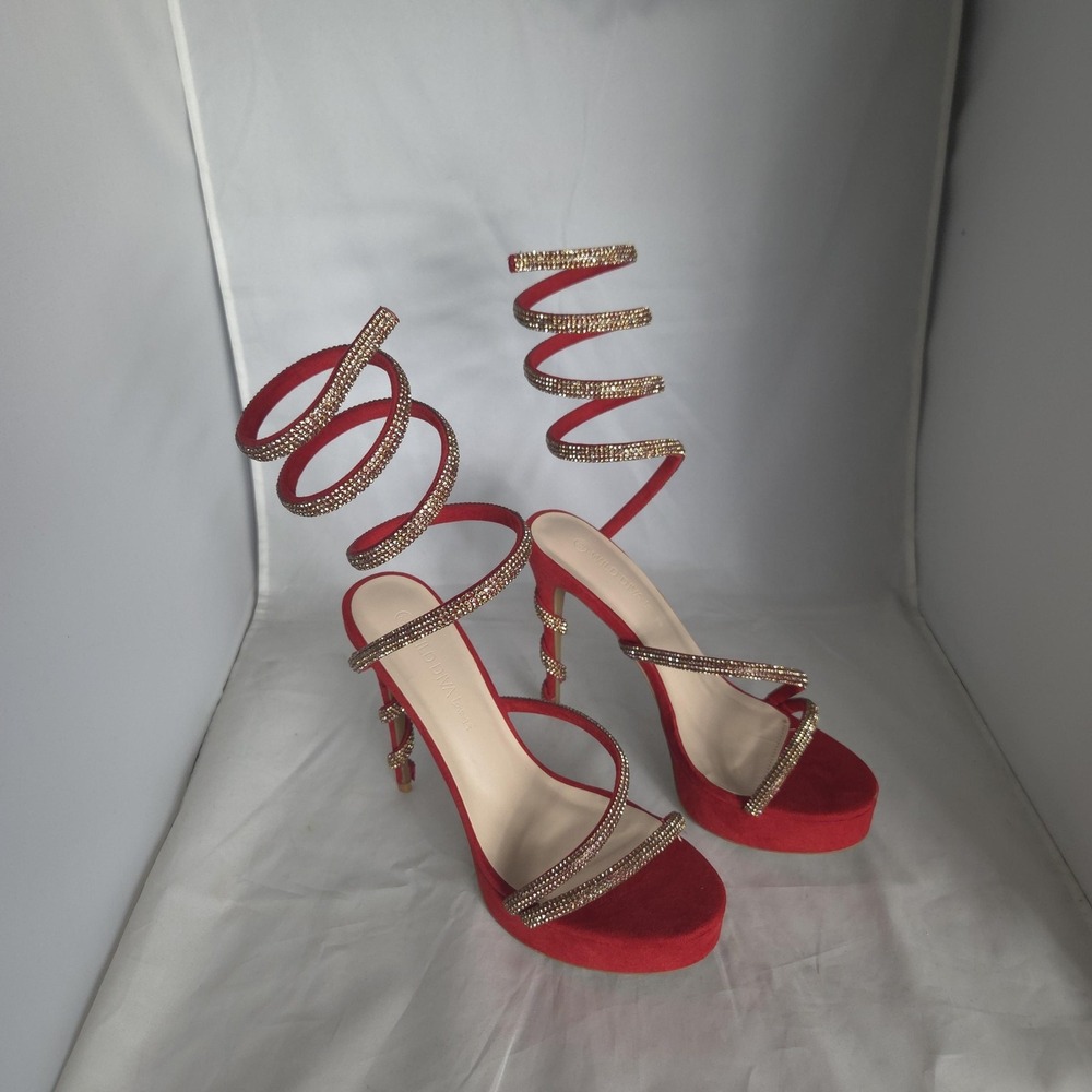 Red Spiral Crystal Strap Platform Heels - Women's